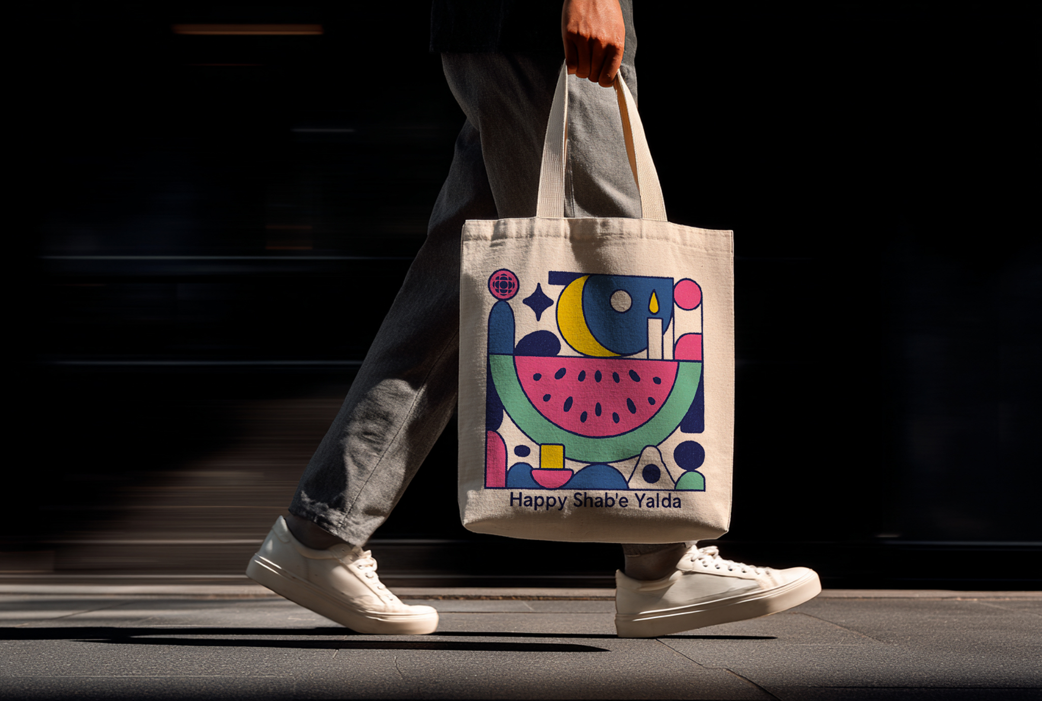 Tote styled at angle showing oversized print documentation frame 9